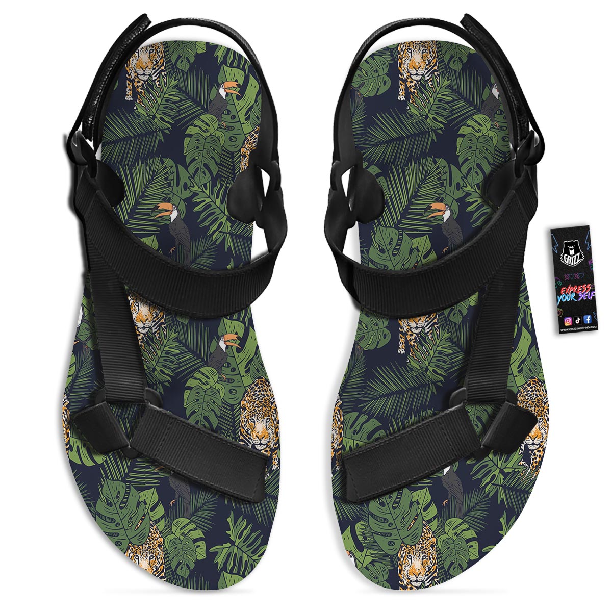 Toucan And Tiger Print Pattern Black Open Toe Sandals-grizzshop