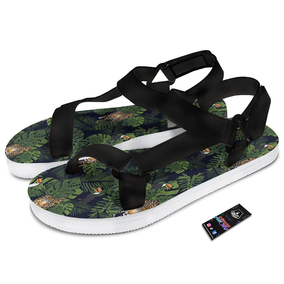 Toucan And Tiger Print Pattern Black Open Toe Sandals-grizzshop