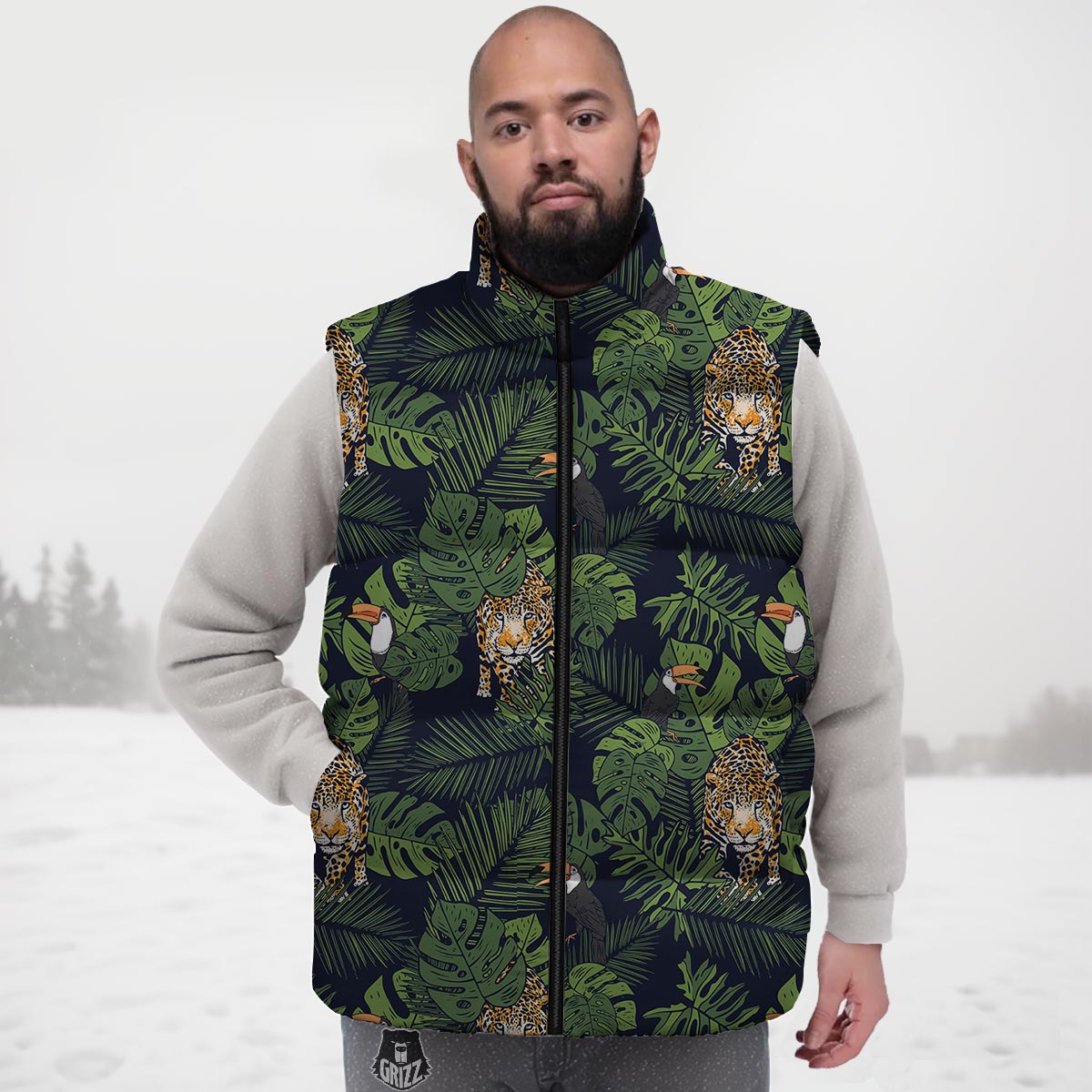 Toucan And Tiger Print Pattern Down Vest