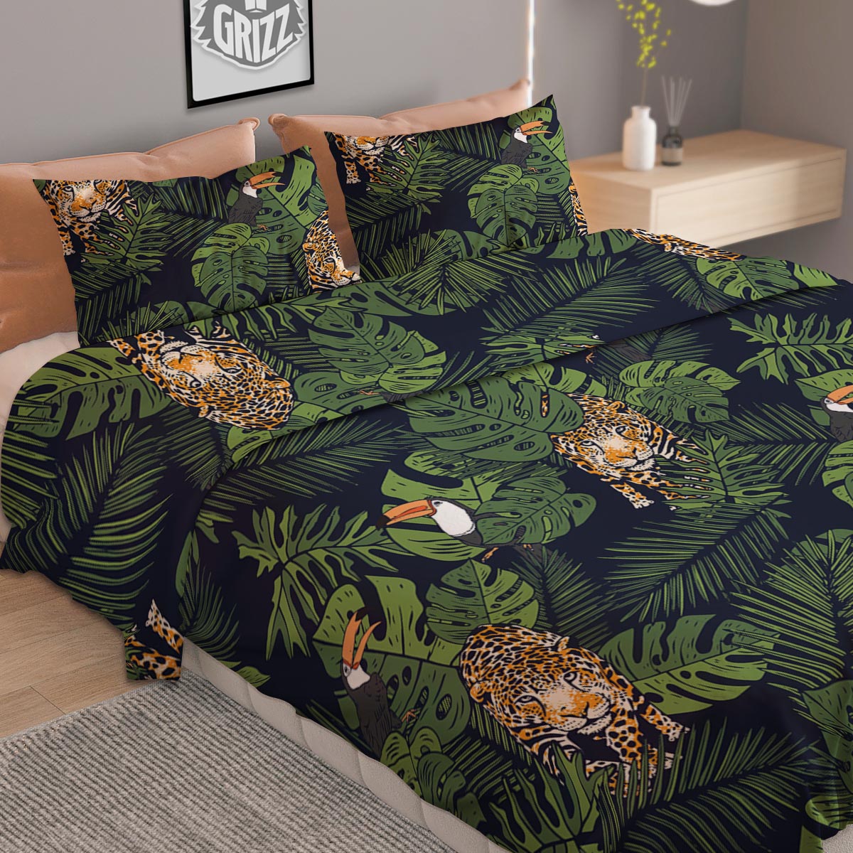 Toucan And Tiger Print Pattern Duvet Cover Bedding Set