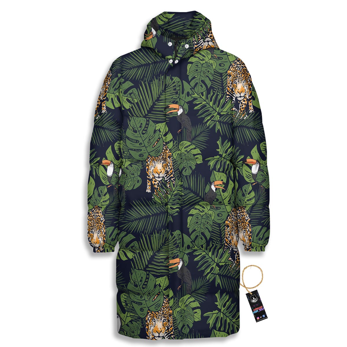 Toucan And Tiger Print Pattern Long Down Jacket-grizzshop