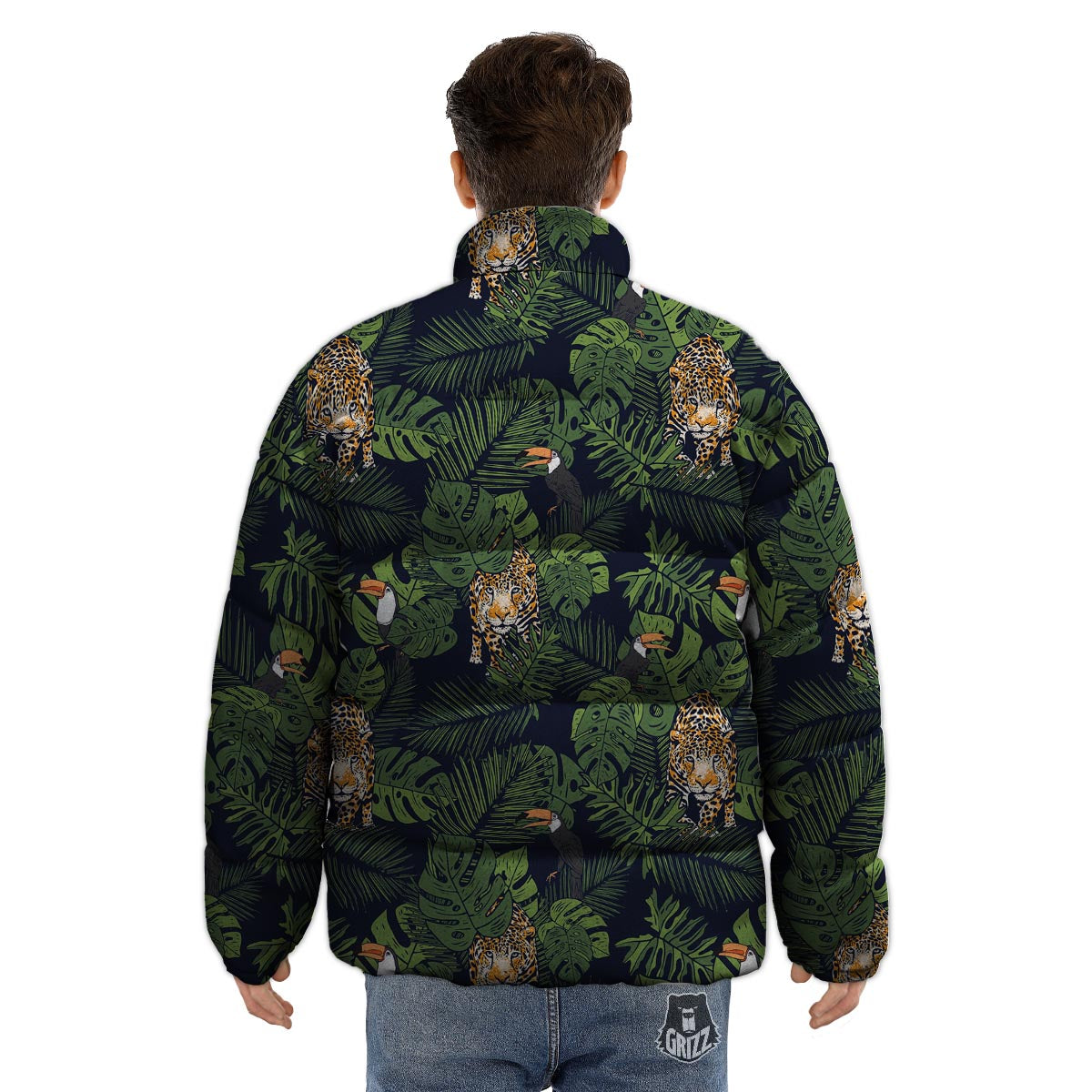 Toucan And Tiger Print Pattern Puffer Jacket-grizzshop