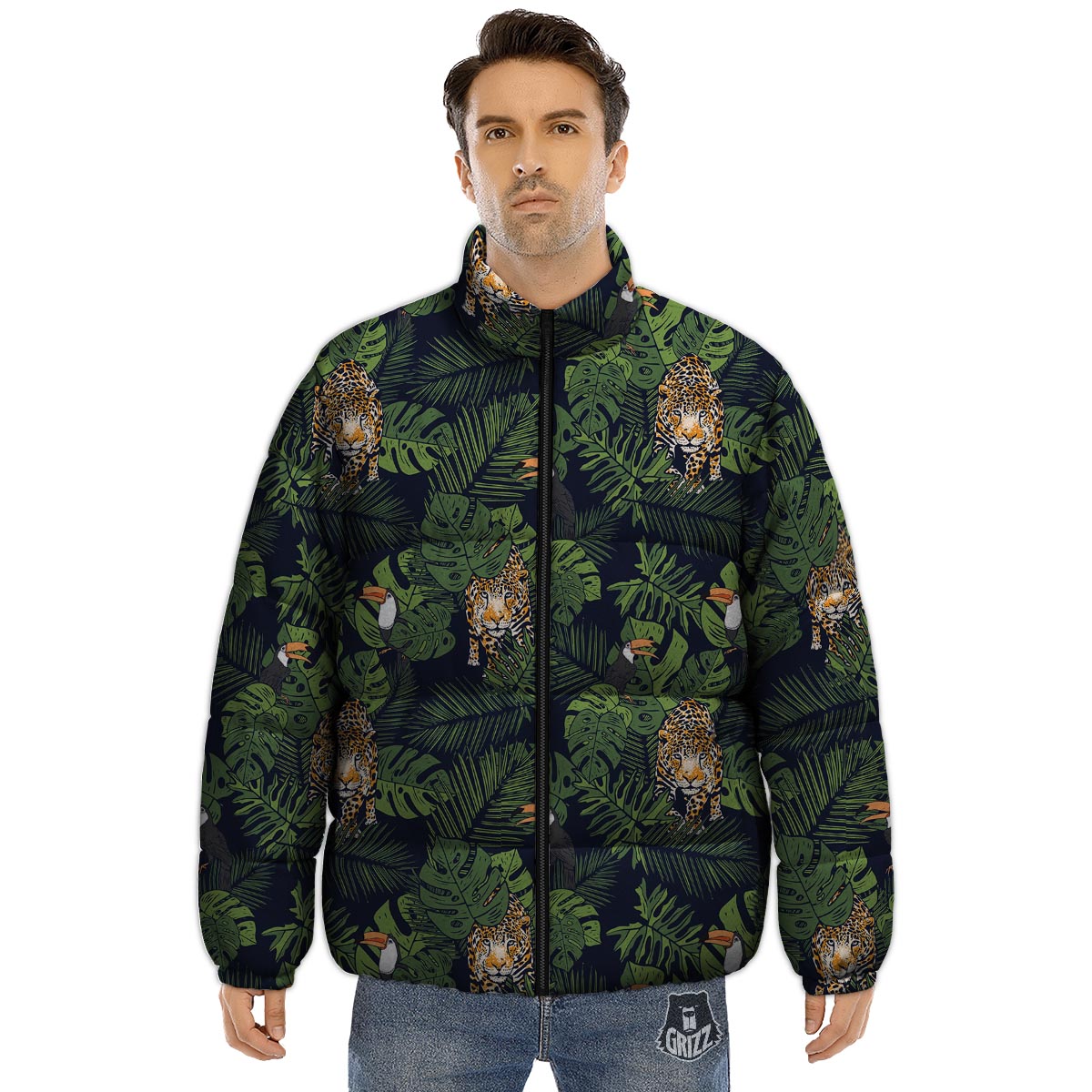 Toucan And Tiger Print Pattern Puffer Jacket-grizzshop