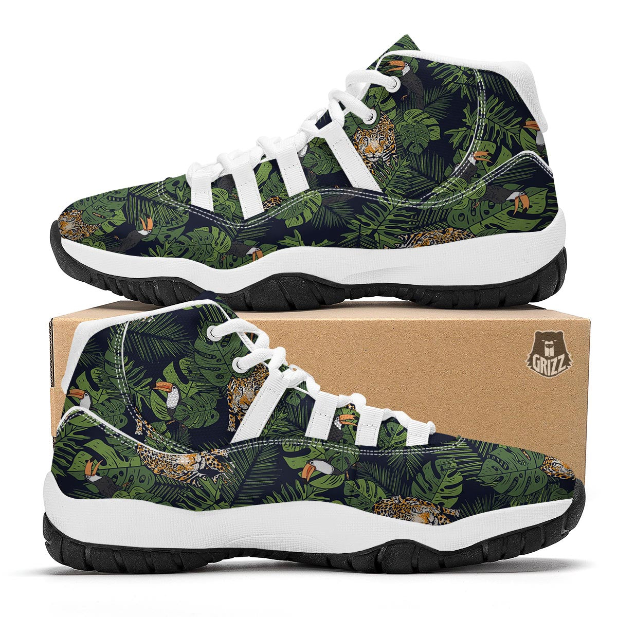 Toucan And Tiger Print Pattern White Bball Shoes-grizzshop