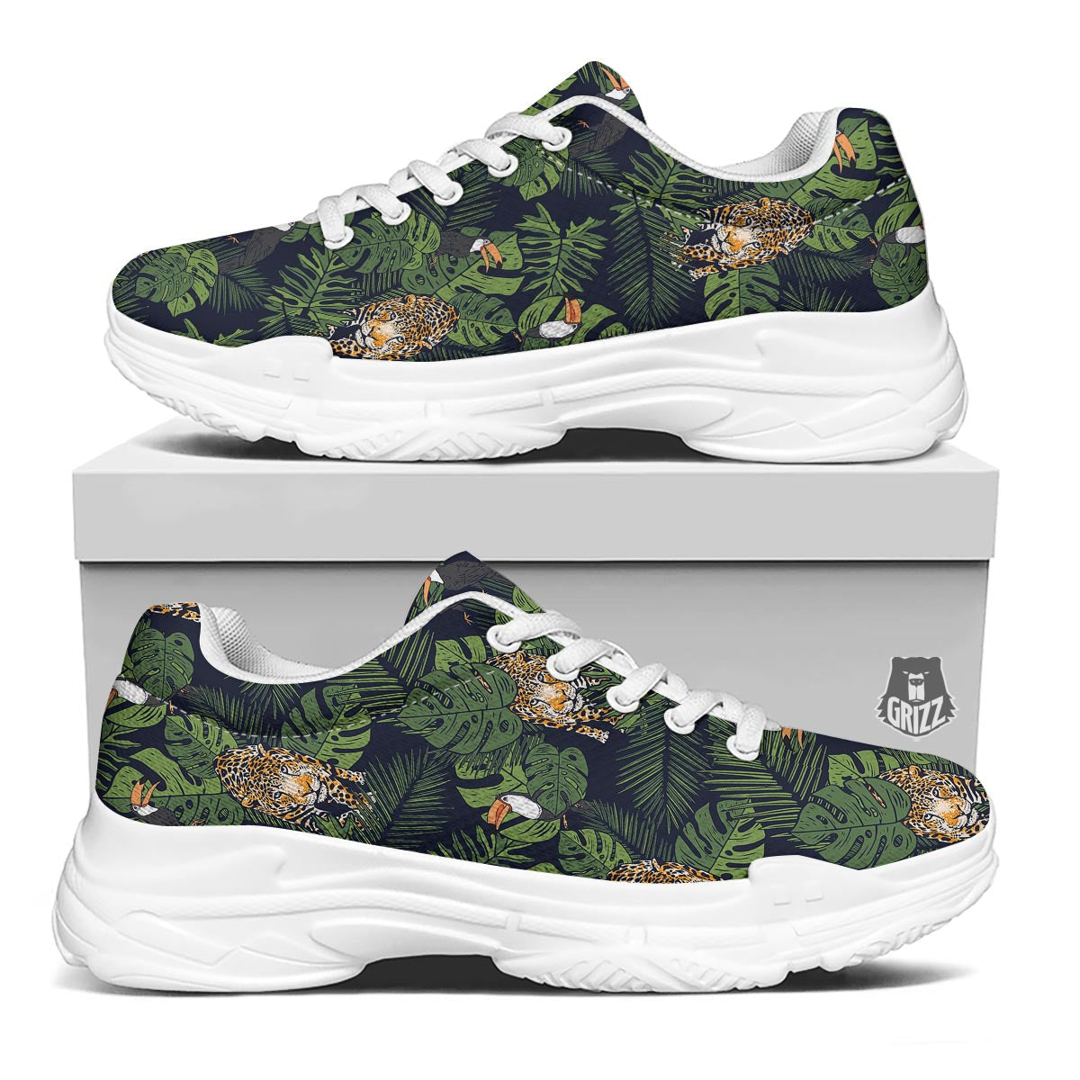 Toucan And Tiger Print Pattern White Chunky Shoes-grizzshop