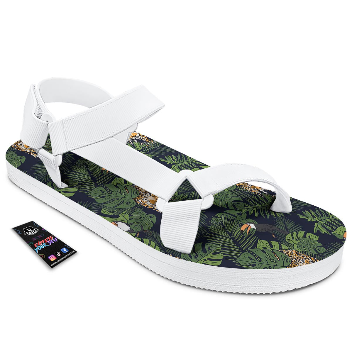 Toucan And Tiger Print Pattern White Open Toe Sandals-grizzshop