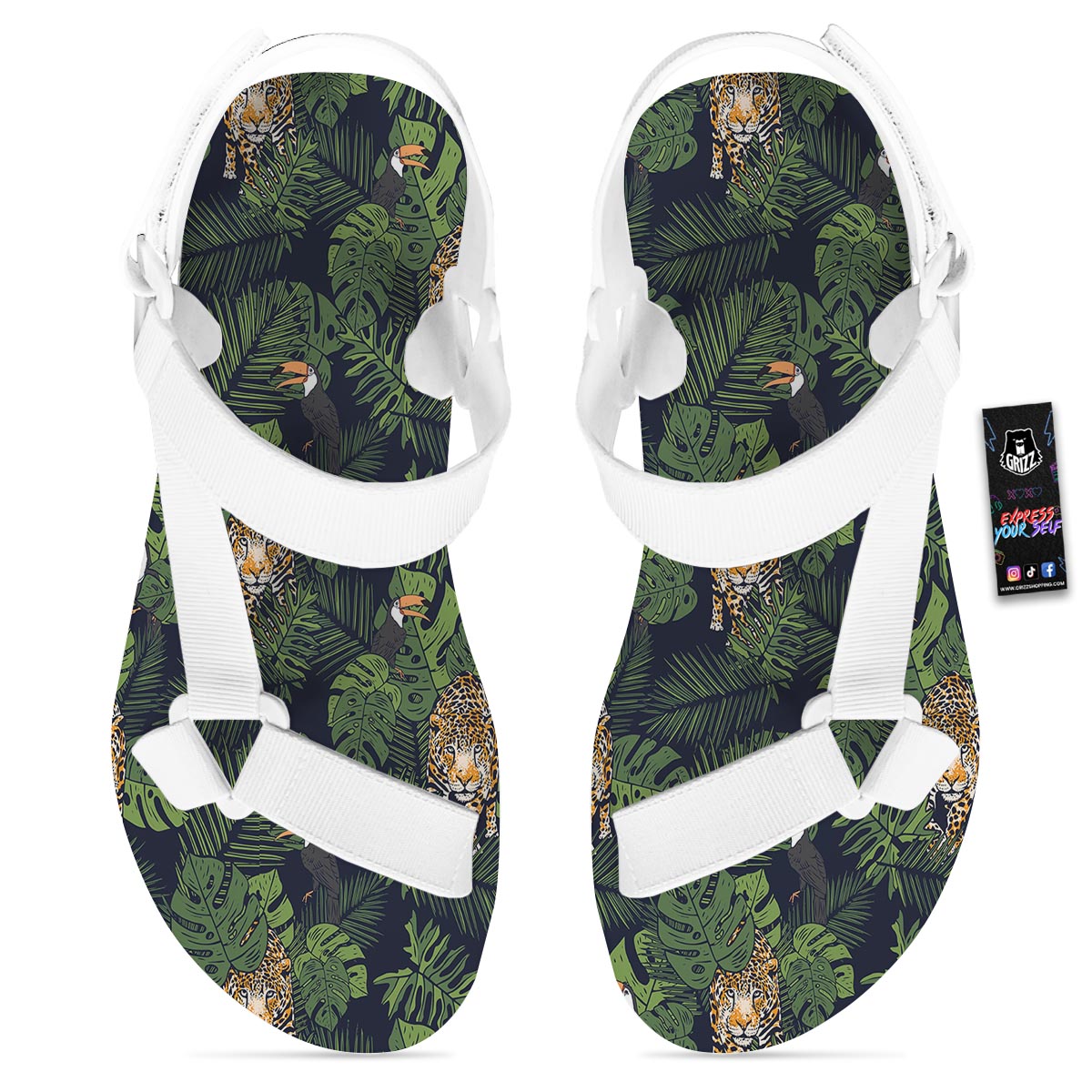 Toucan And Tiger Print Pattern White Open Toe Sandals-grizzshop
