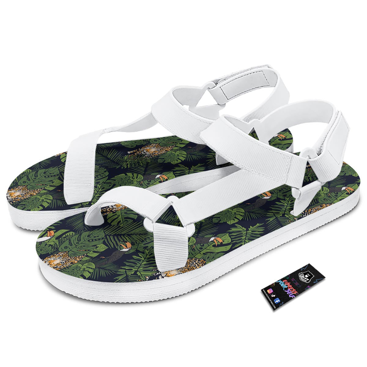 Toucan And Tiger Print Pattern White Open Toe Sandals-grizzshop