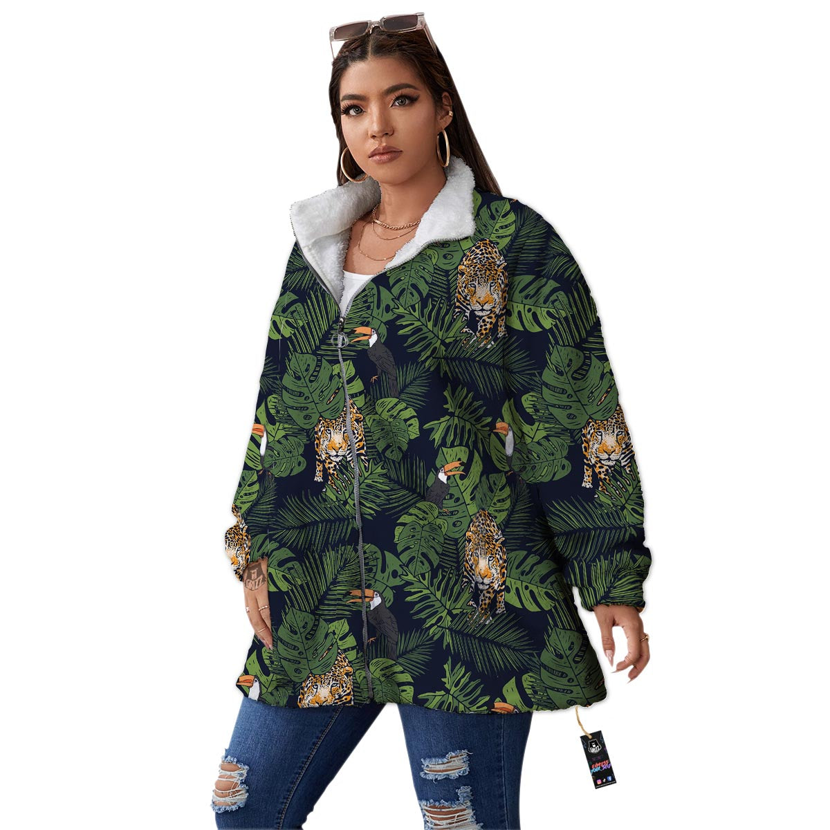 Toucan And Tiger Print Pattern Women's Sherpa Jacket-grizzshop