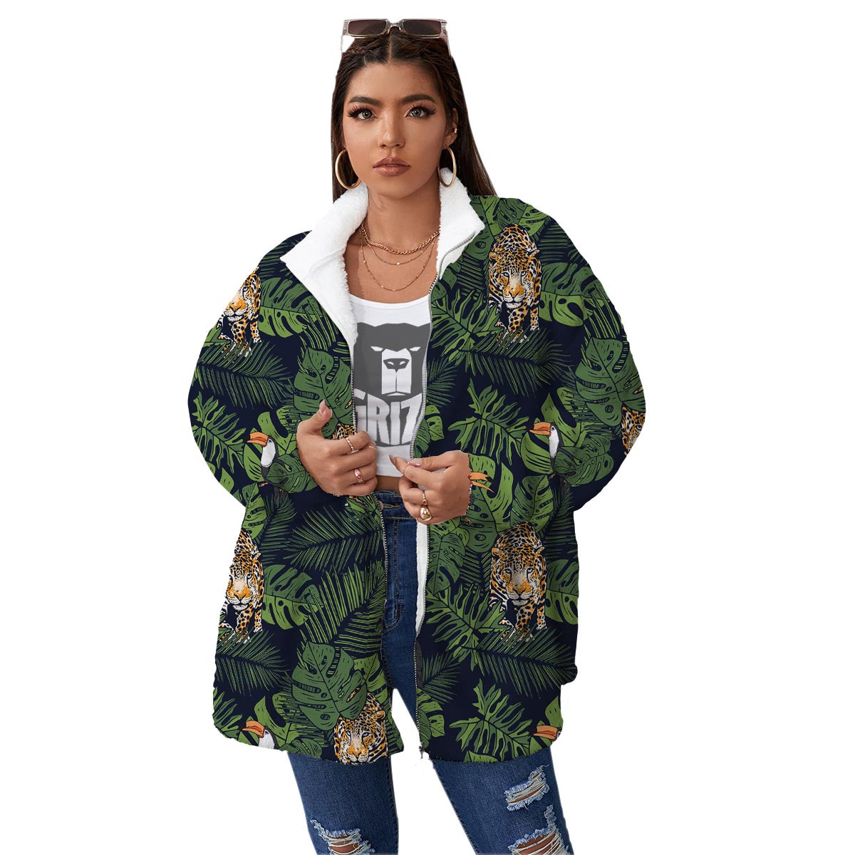Toucan And Tiger Print Pattern Women's Sherpa Jacket-grizzshop
