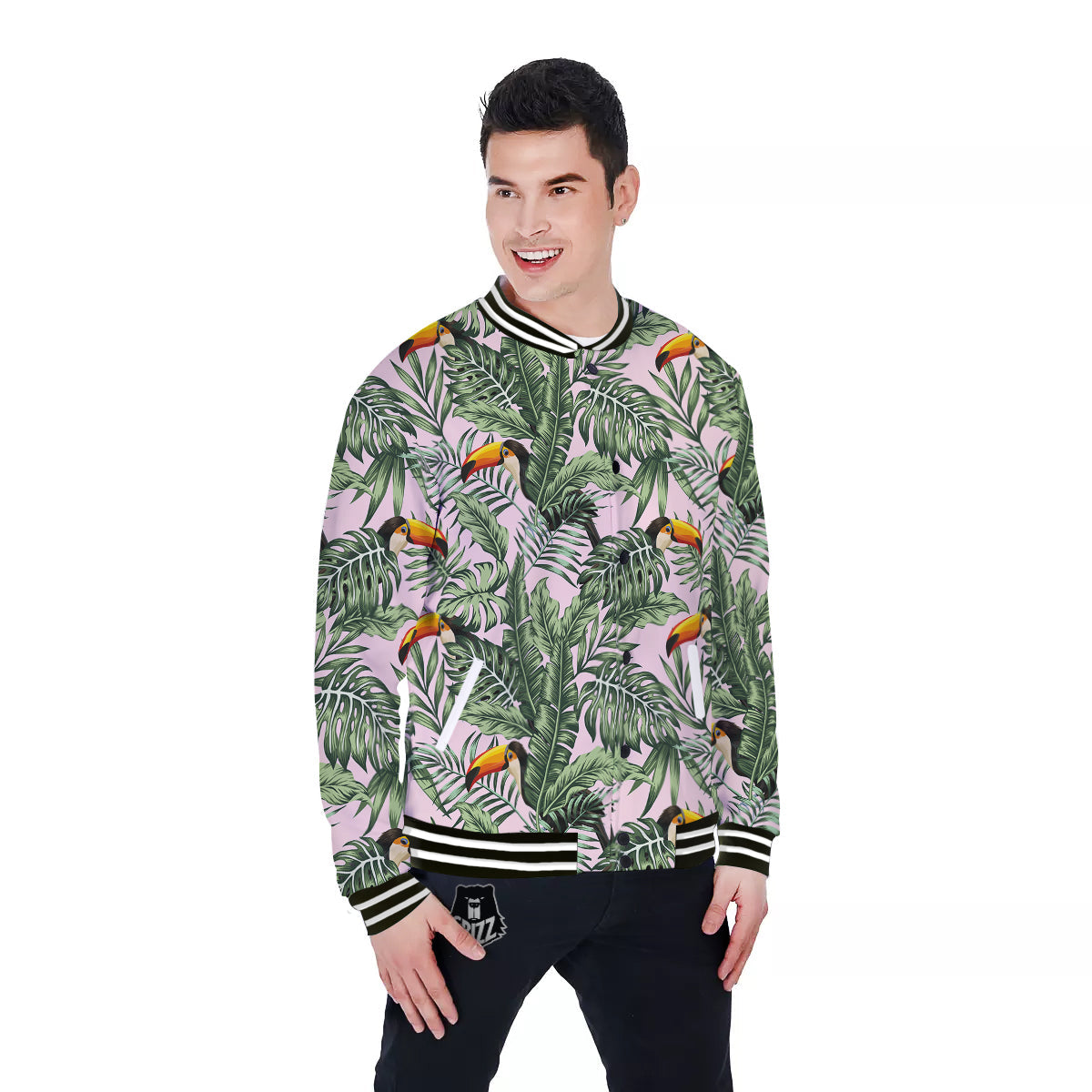 Toucan And Tropical Palm Leaf Print Baseball Jacket-grizzshop