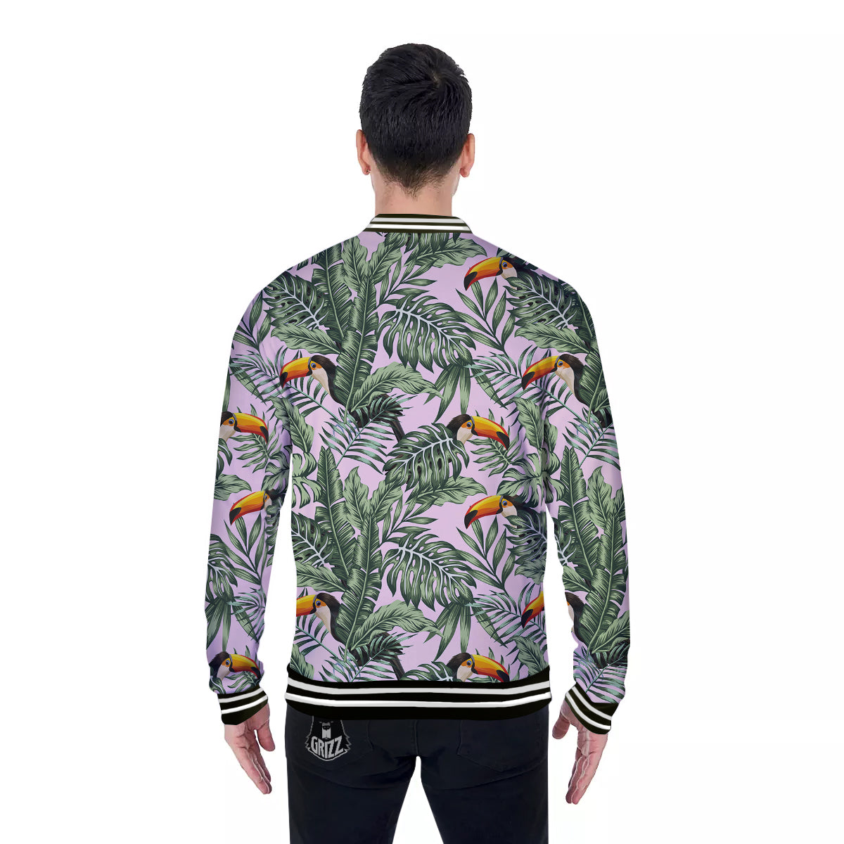 Toucan And Tropical Palm Leaf Print Baseball Jacket-grizzshop