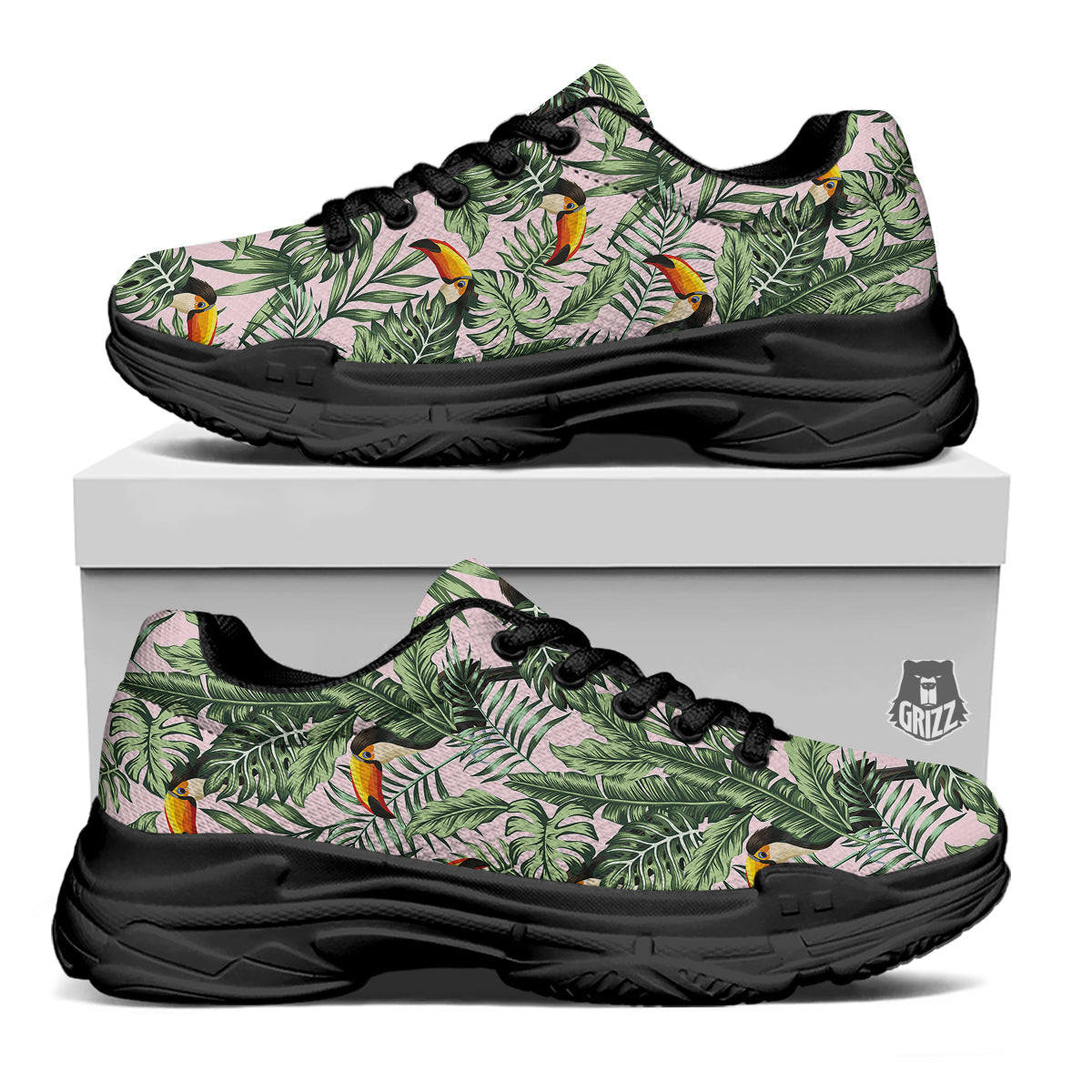 Toucan And Tropical Palm Leaf Print Black Chunky Shoes-grizzshop