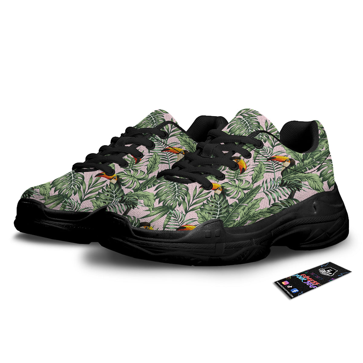 Toucan And Tropical Palm Leaf Print Black Chunky Shoes-grizzshop
