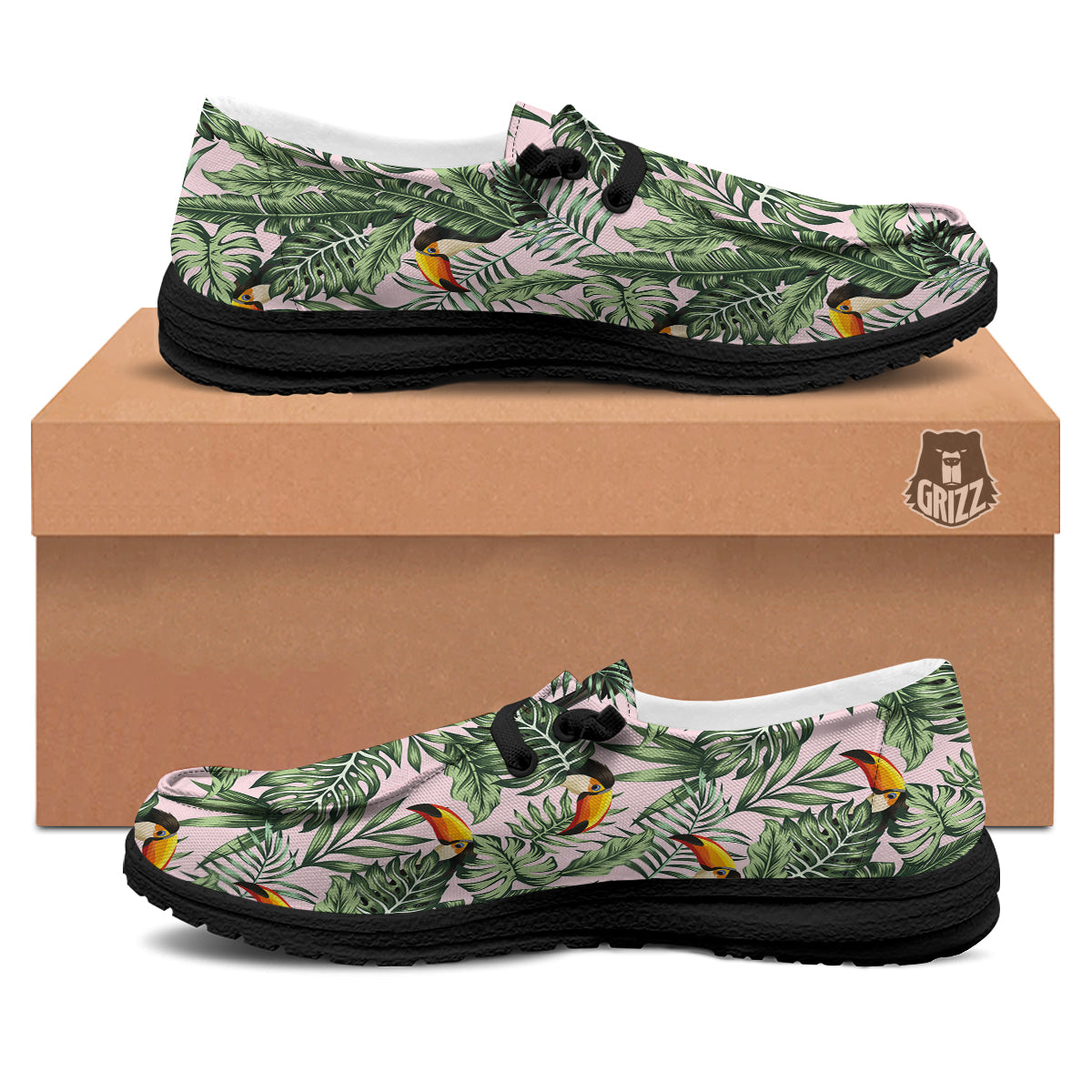 Toucan And Tropical Palm Leaf Print Black Loafers-grizzshop