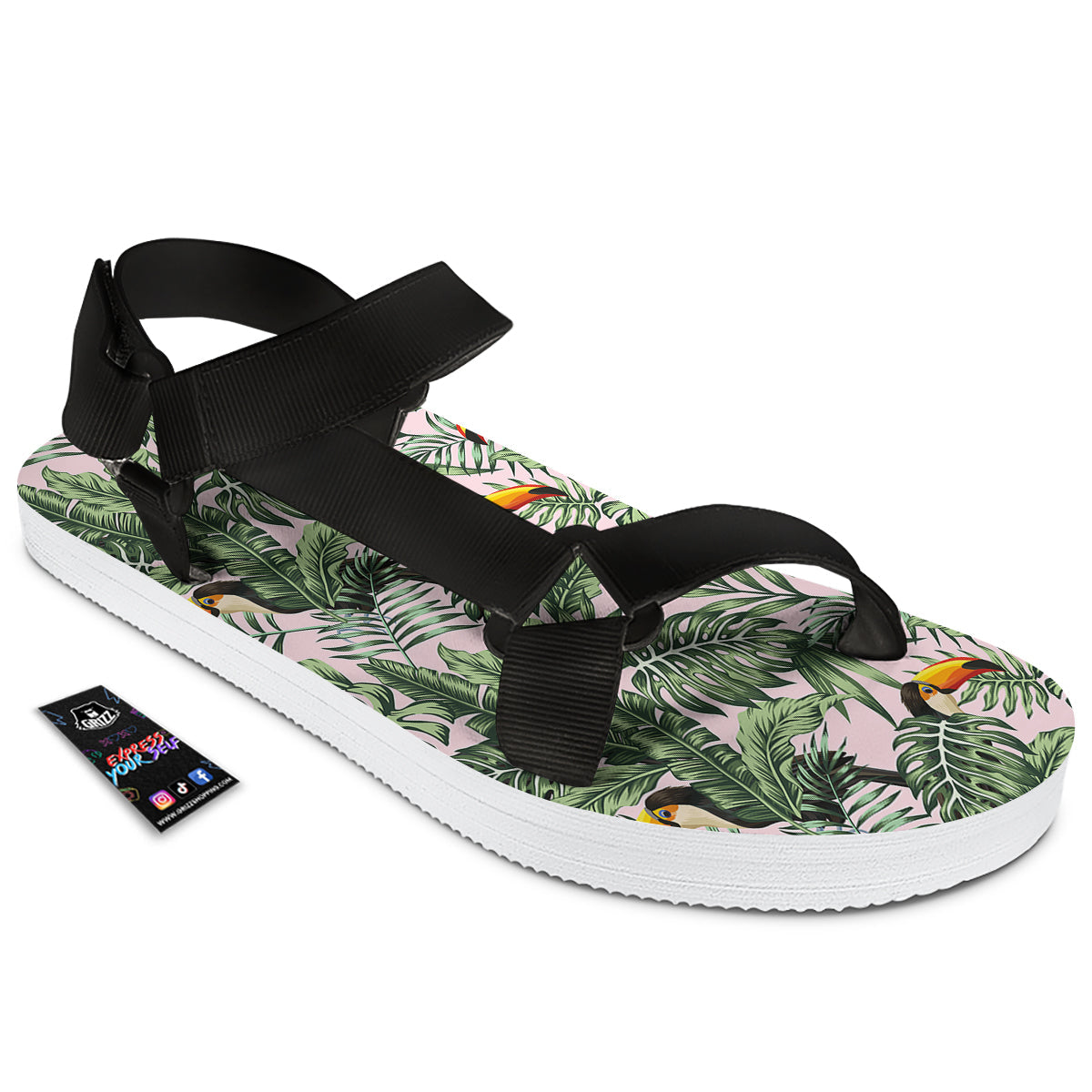 Toucan And Tropical Palm Leaf Print Black Open Toe Sandals-grizzshop