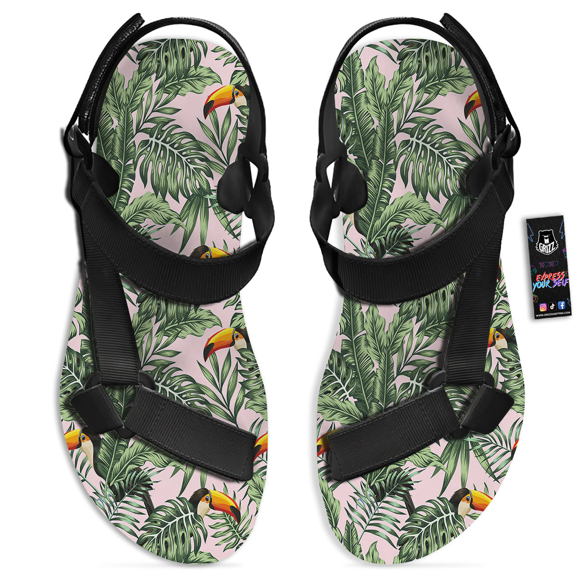 Toucan And Tropical Palm Leaf Print Black Open Toe Sandals-grizzshop