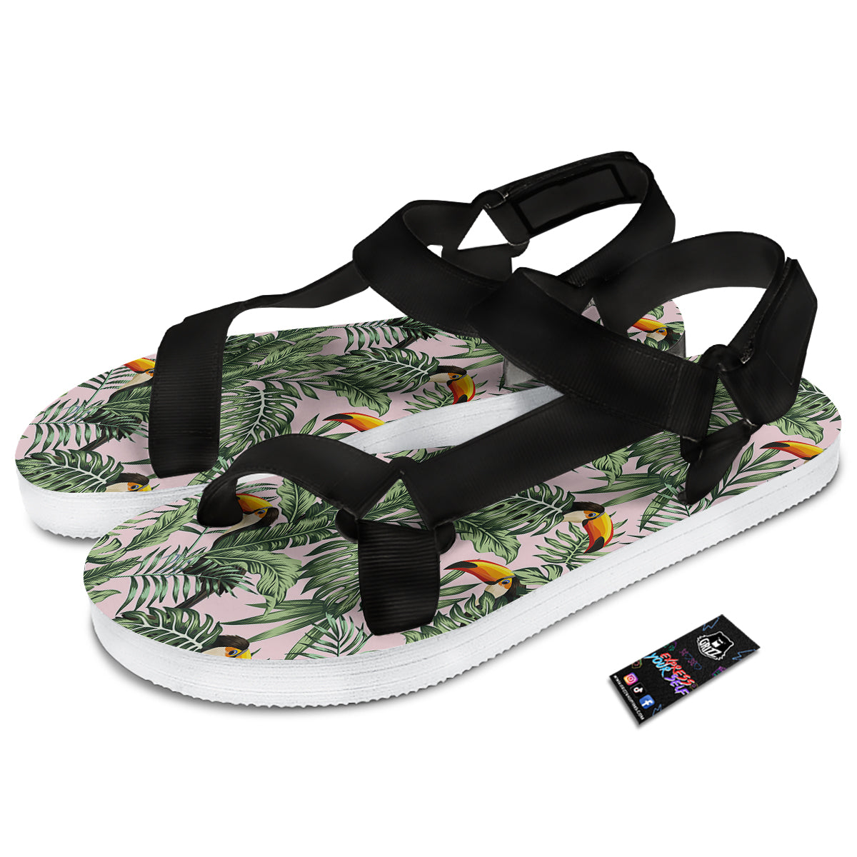 Toucan And Tropical Palm Leaf Print Black Open Toe Sandals-grizzshop