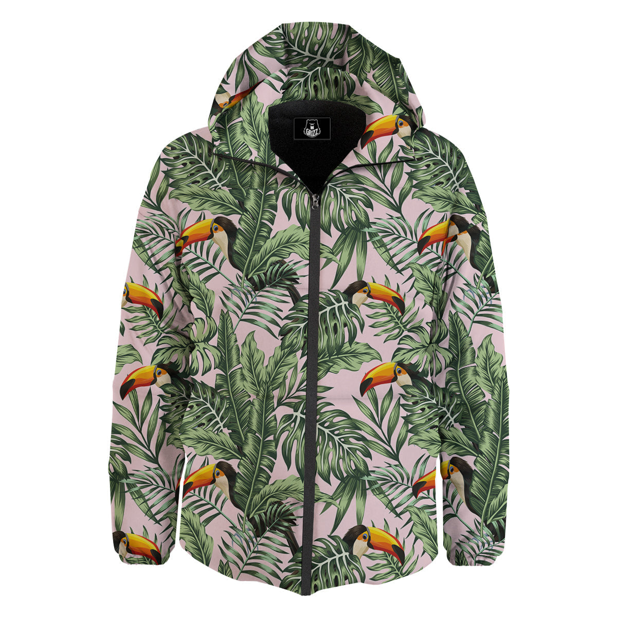 Toucan And Tropical Palm Leaf Print Down Jacket-grizzshop