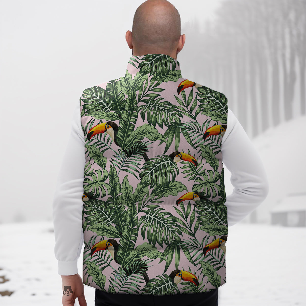 Toucan And Tropical Palm Leaf Print Down Vest