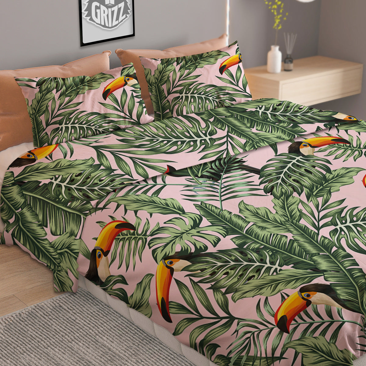 Toucan And Tropical Palm Leaf Print Duvet Cover Bedding Set