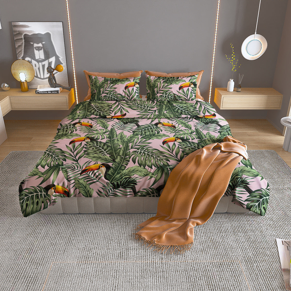 Toucan And Tropical Palm Leaf Print Duvet Cover Bedding Set