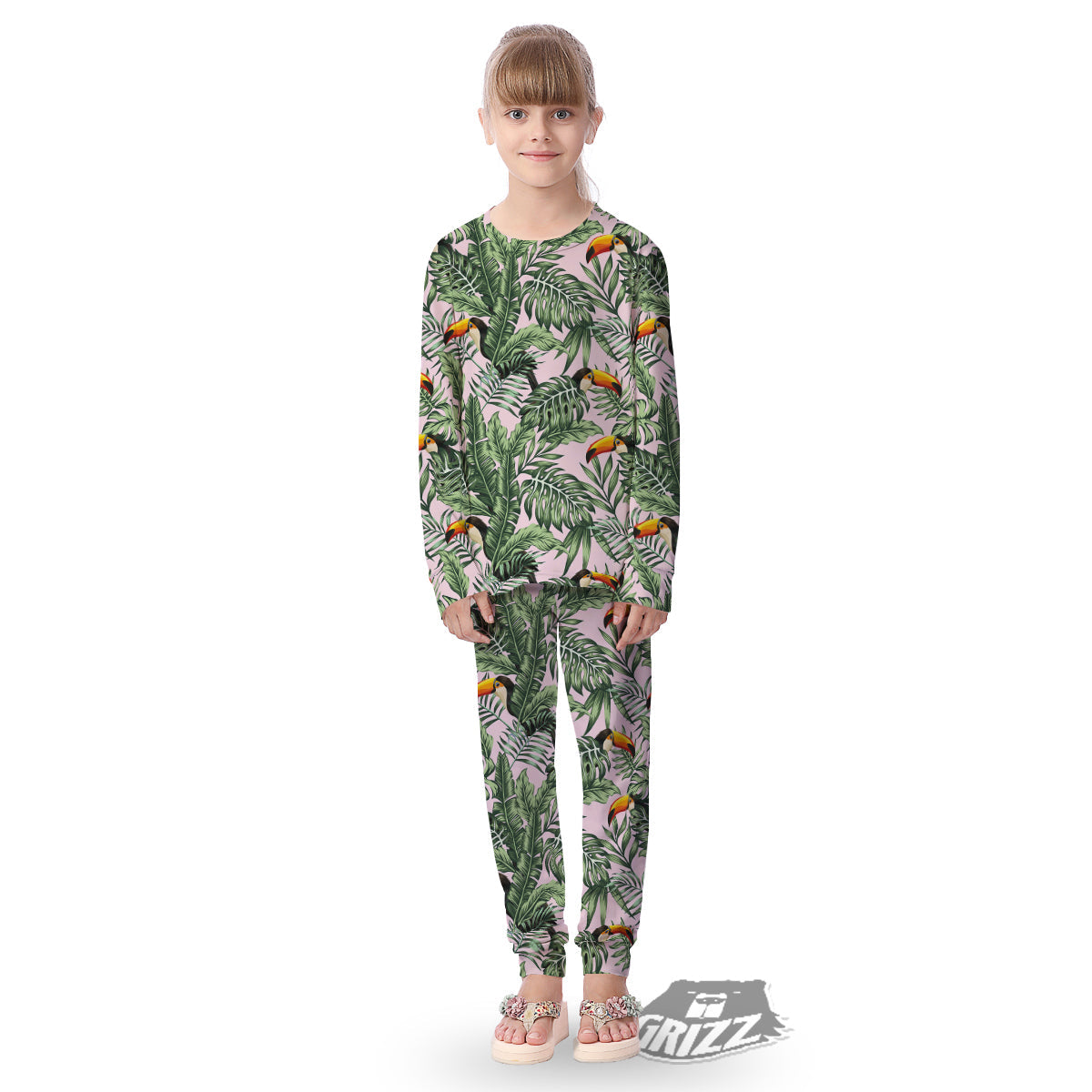 Toucan And Tropical Palm Leaf Print Kid's Pajamas-grizzshop
