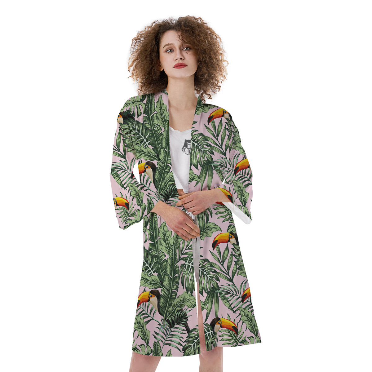 Toucan And Tropical Palm Leaf Print Kimono-grizzshop