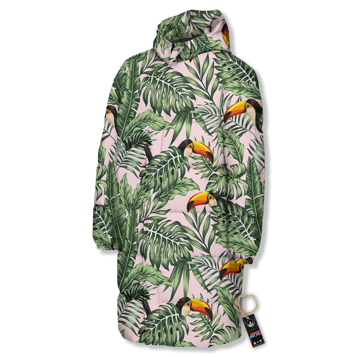 Toucan And Tropical Palm Leaf Print Long Down Jacket-grizzshop
