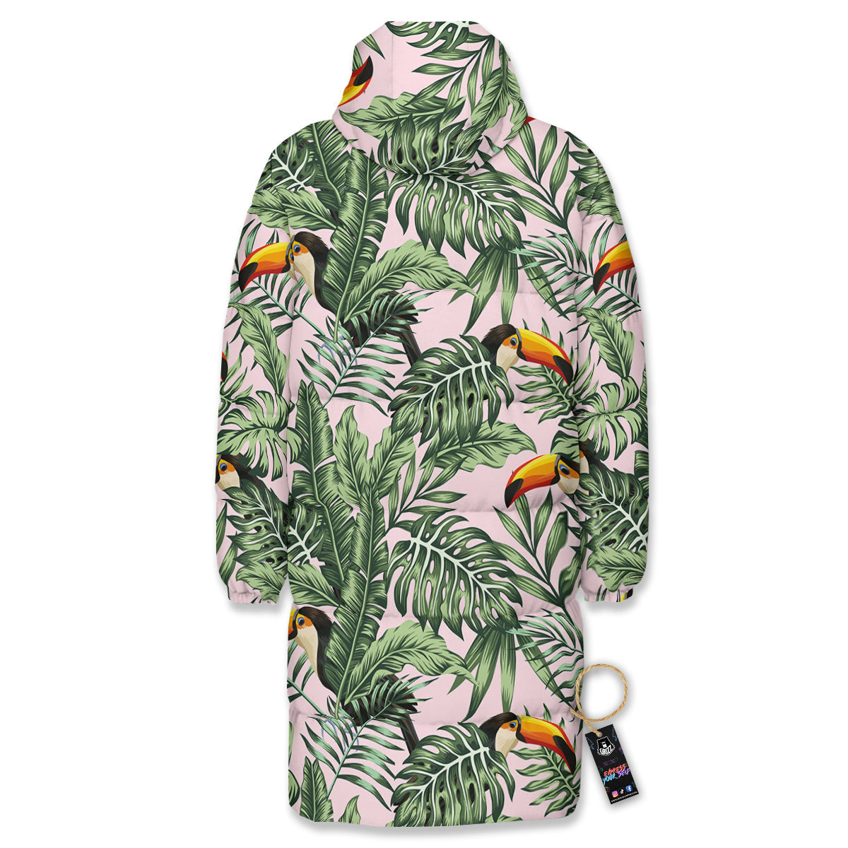 Toucan And Tropical Palm Leaf Print Long Down Jacket-grizzshop