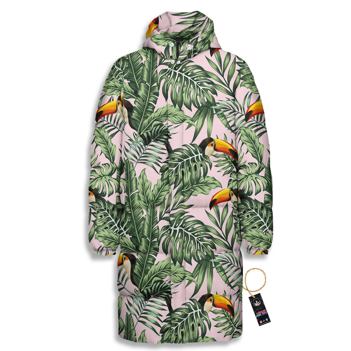Toucan And Tropical Palm Leaf Print Long Down Jacket-grizzshop