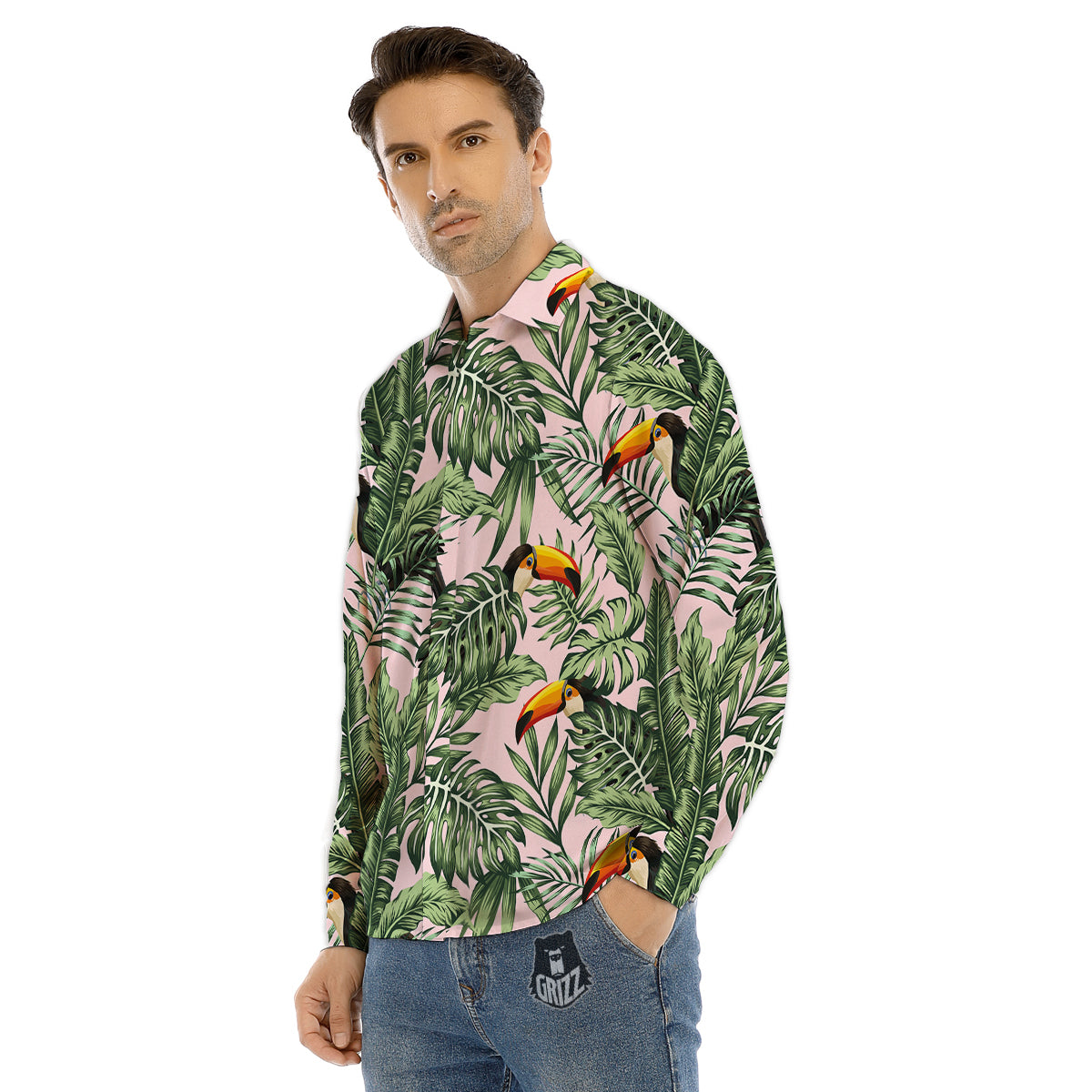Toucan And Tropical Palm Leaf Print Men's Dress Shirts-grizzshop