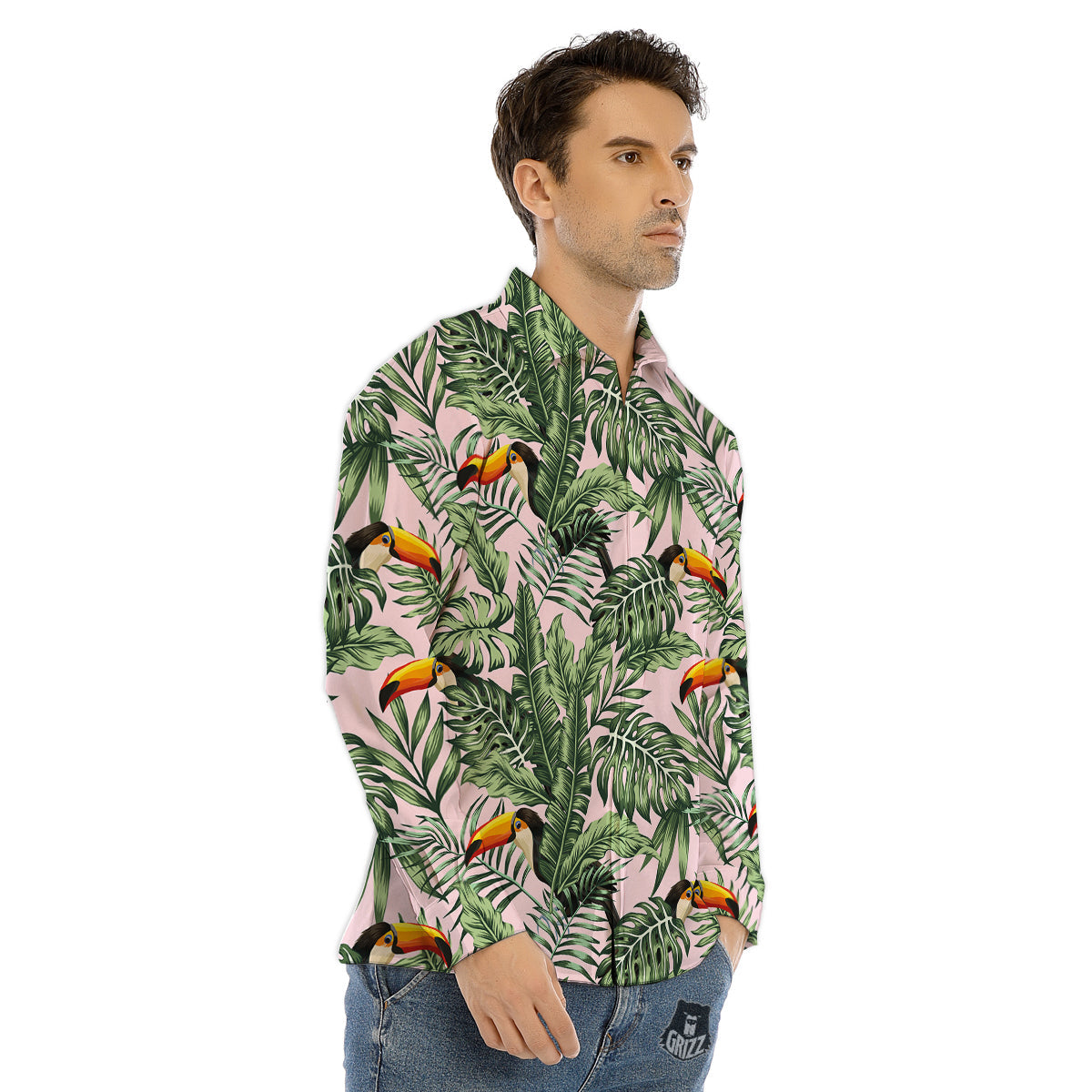 Toucan And Tropical Palm Leaf Print Men's Dress Shirts-grizzshop