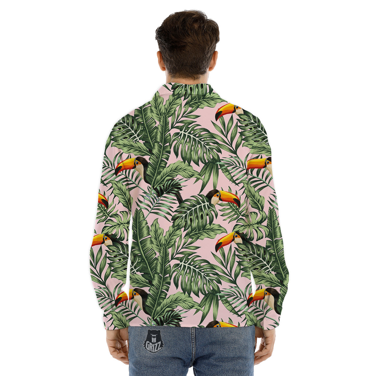 Toucan And Tropical Palm Leaf Print Men's Dress Shirts-grizzshop