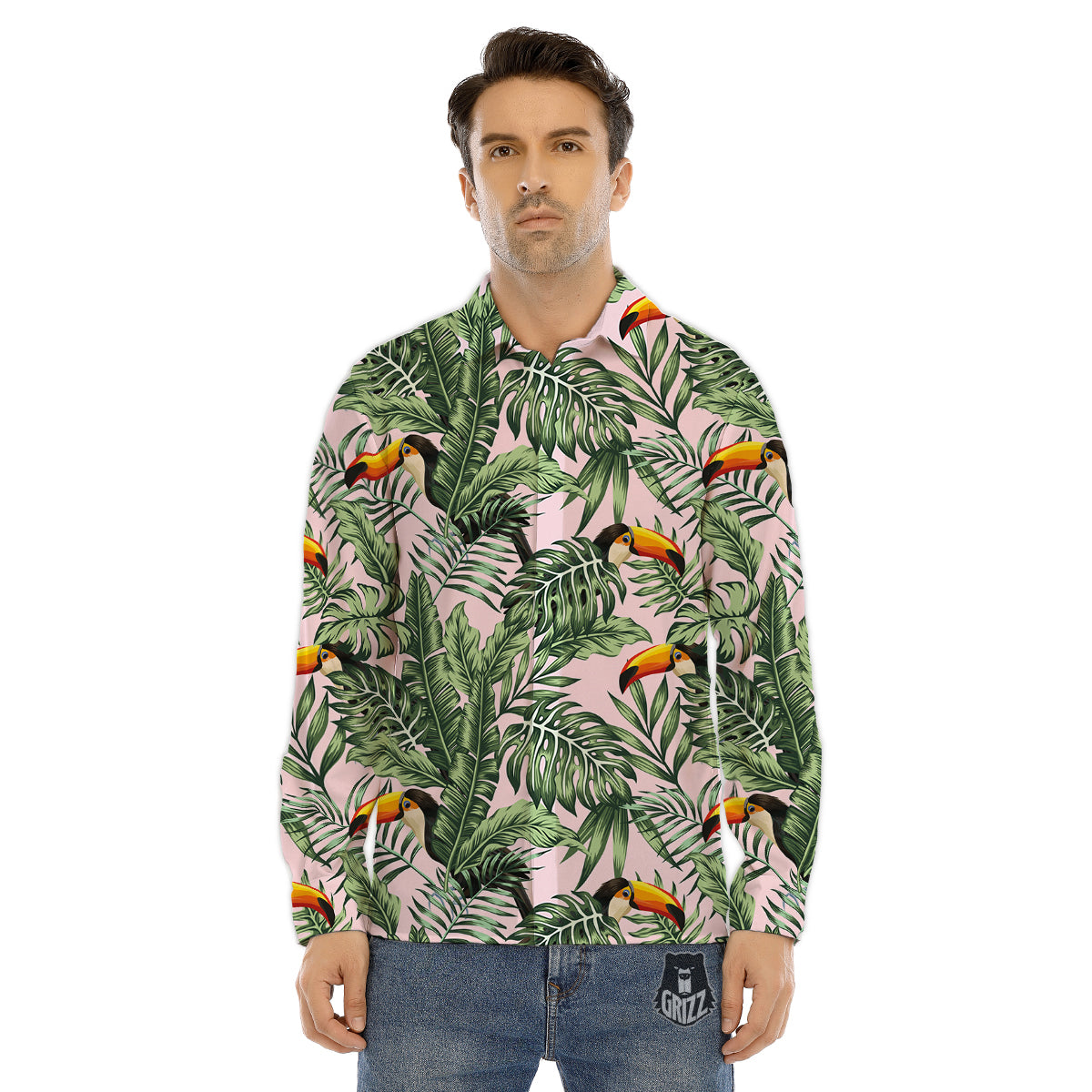 Toucan And Tropical Palm Leaf Print Men's Dress Shirts-grizzshop