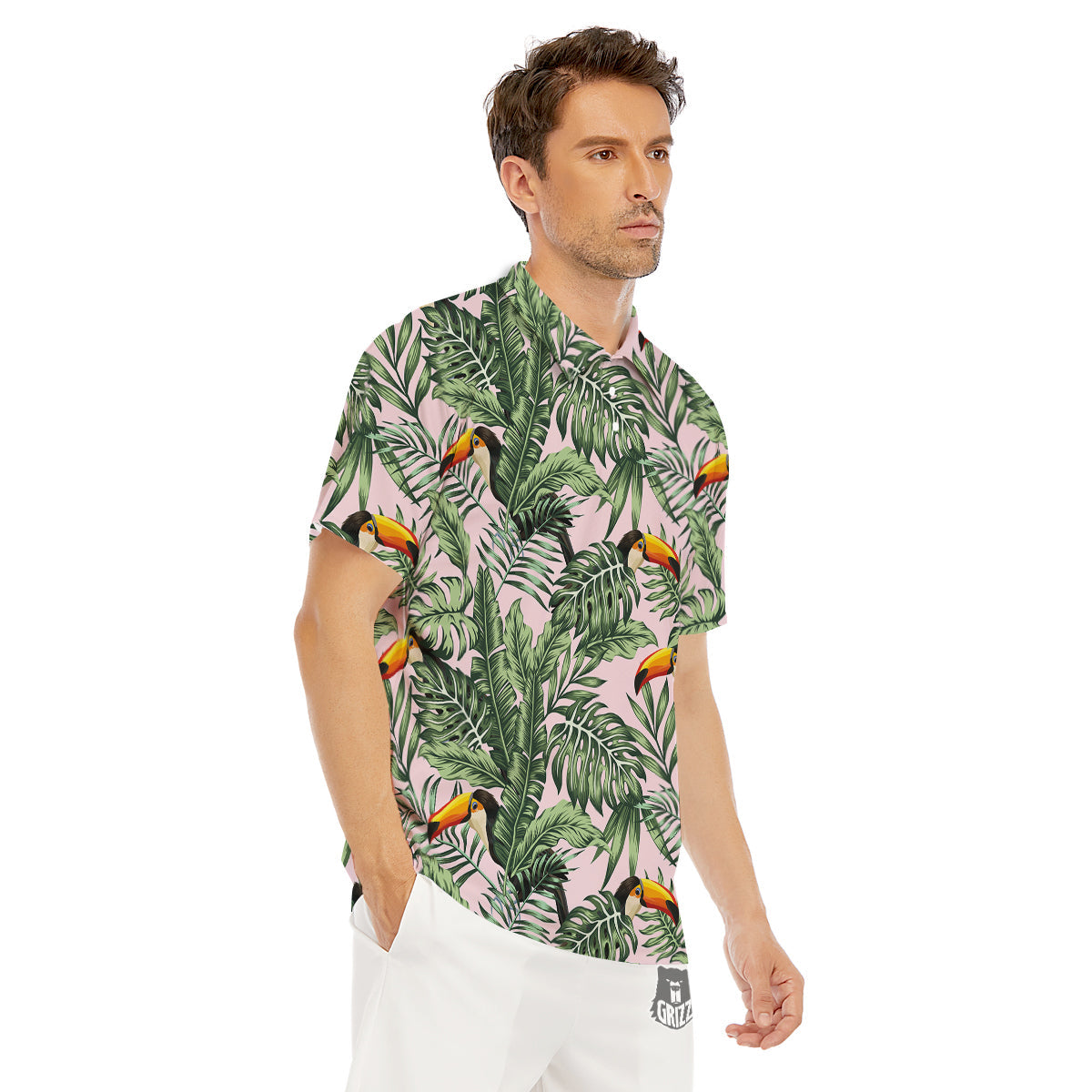 Toucan And Tropical Palm Leaf Print Men's Golf Shirts-grizzshop