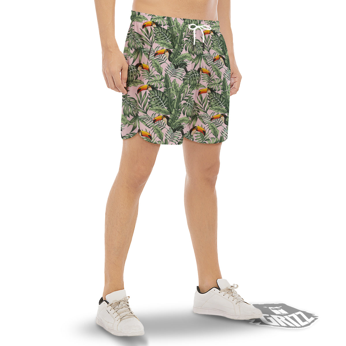 Toucan And Tropical Palm Leaf Print Men's Gym Shorts-grizzshop