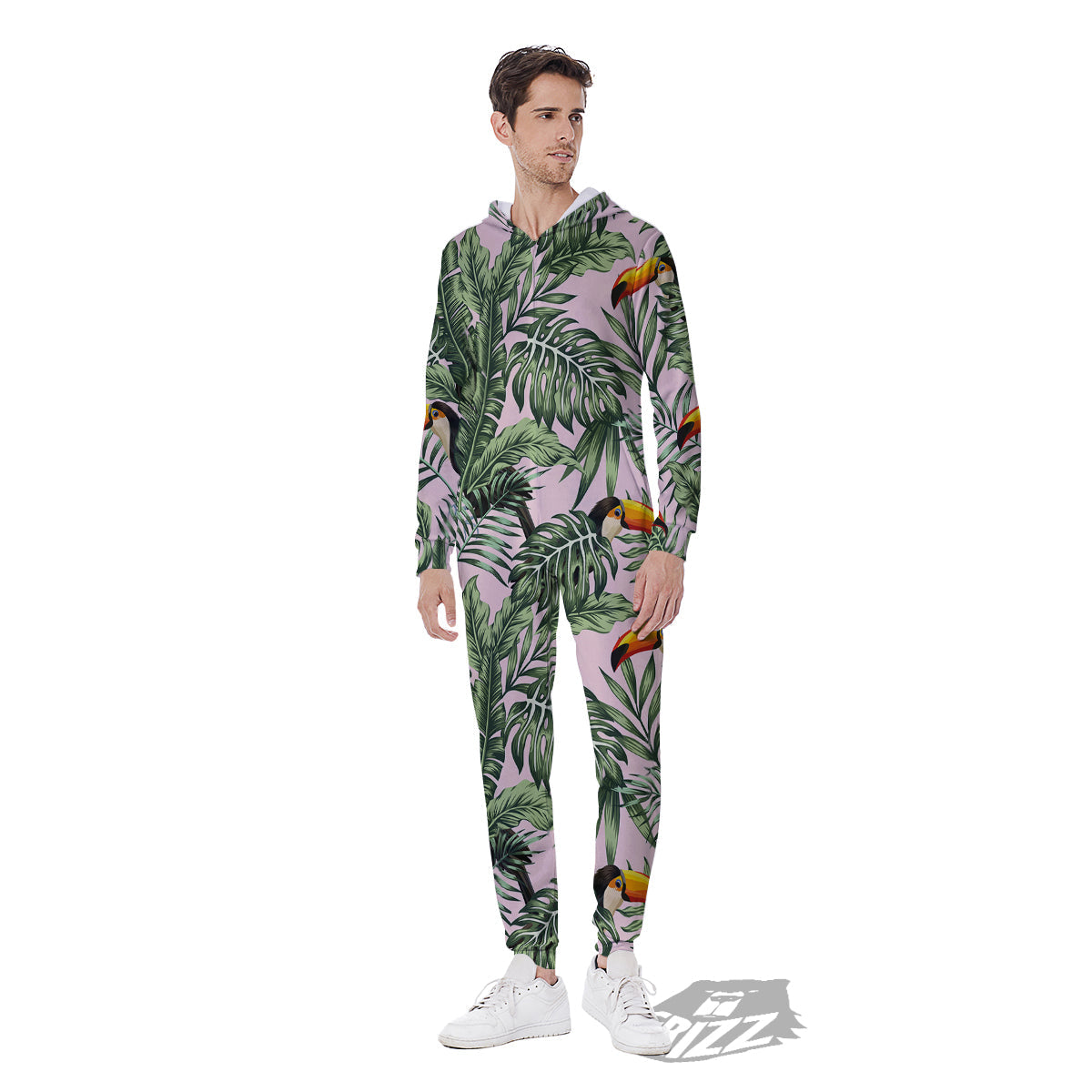 Toucan And Tropical Palm Leaf Print Men's Jumpsuit-grizzshop
