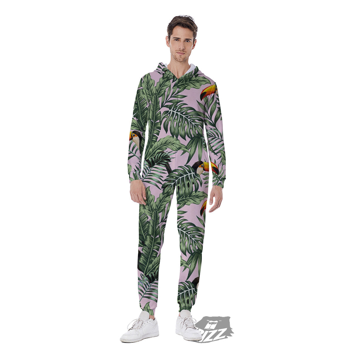 Toucan And Tropical Palm Leaf Print Men's Jumpsuit-grizzshop