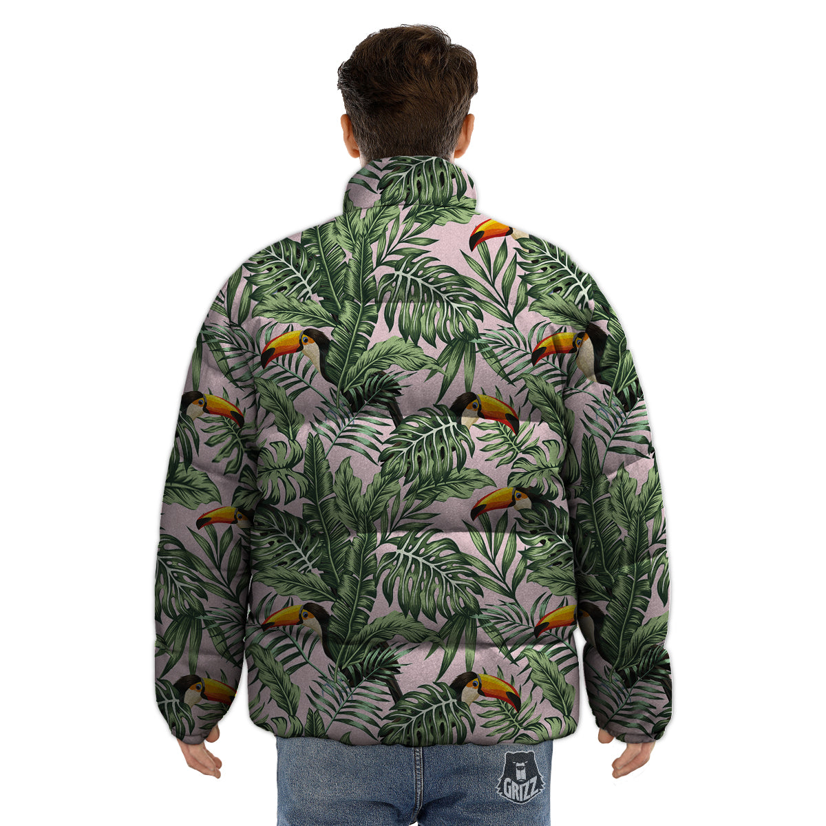 Toucan And Tropical Palm Leaf Print Puffer Jacket-grizzshop