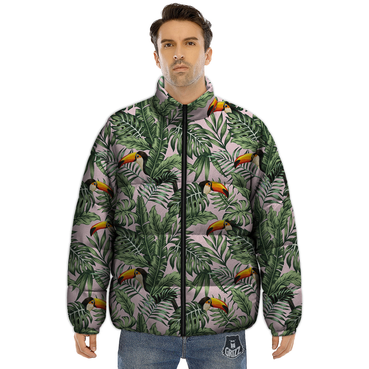 Toucan And Tropical Palm Leaf Print Puffer Jacket-grizzshop