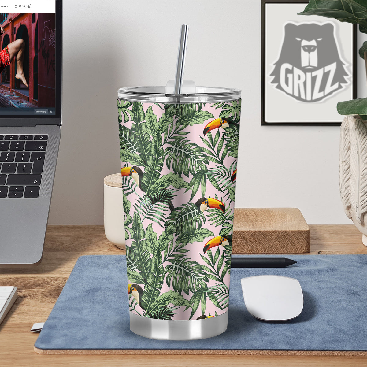 Toucan And Tropical Palm Leaf Print Tumbler-grizzshop