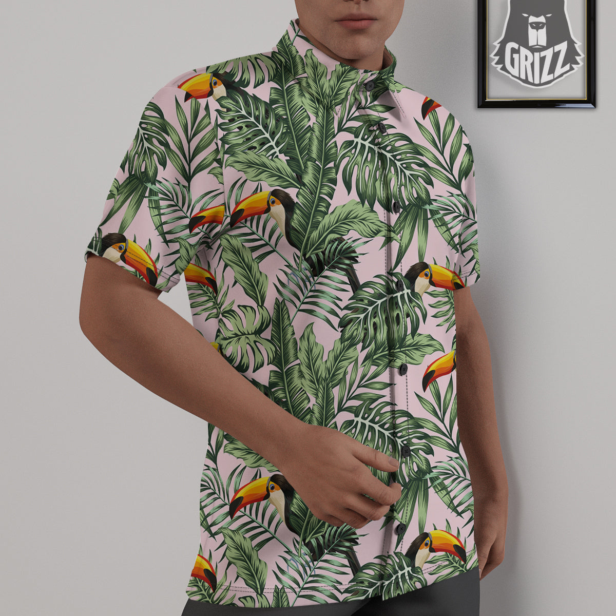 Toucan And Tropical Palm Leaf Print Untucked Shirts-grizzshop
