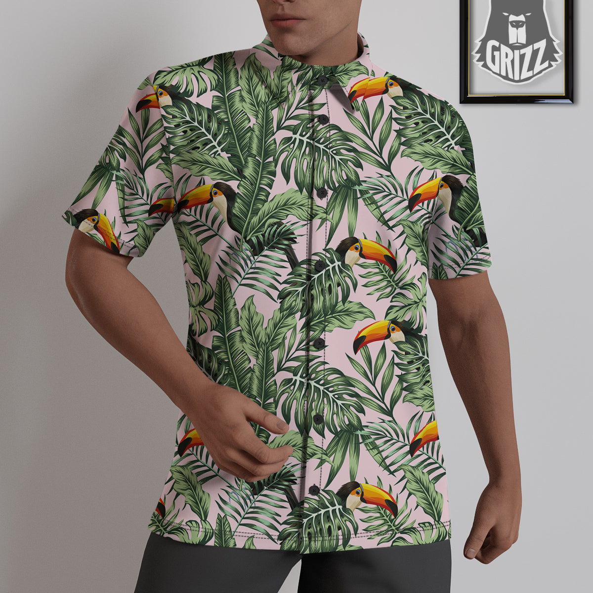 Toucan And Tropical Palm Leaf Print Untucked Shirts-grizzshop