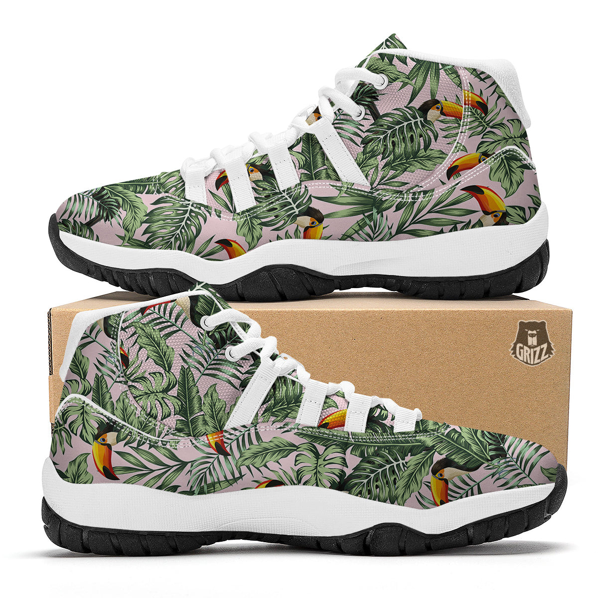 Toucan And Tropical Palm Leaf Print White Bball Shoes-grizzshop