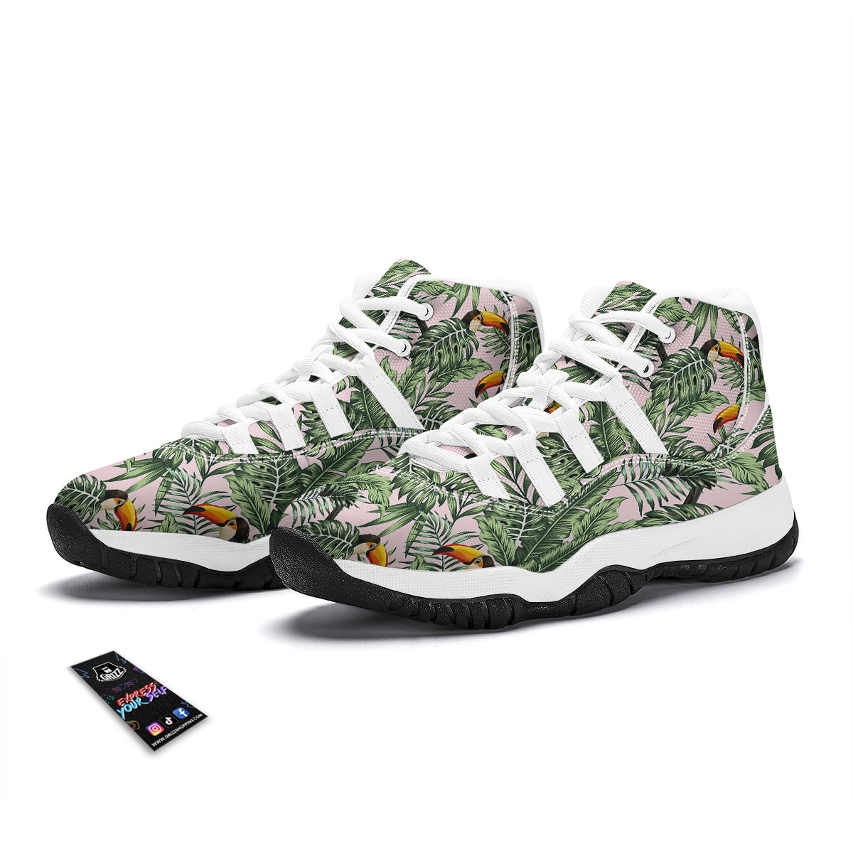 Toucan And Tropical Palm Leaf Print White Bball Shoes-grizzshop