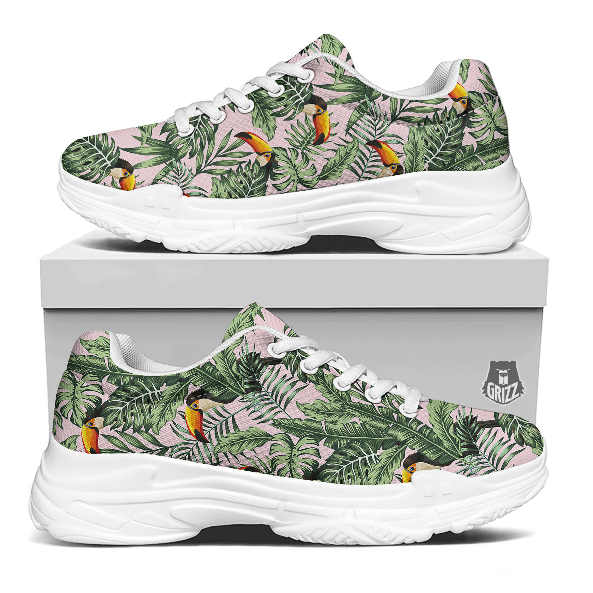 Toucan And Tropical Palm Leaf Print White Chunky Shoes-grizzshop