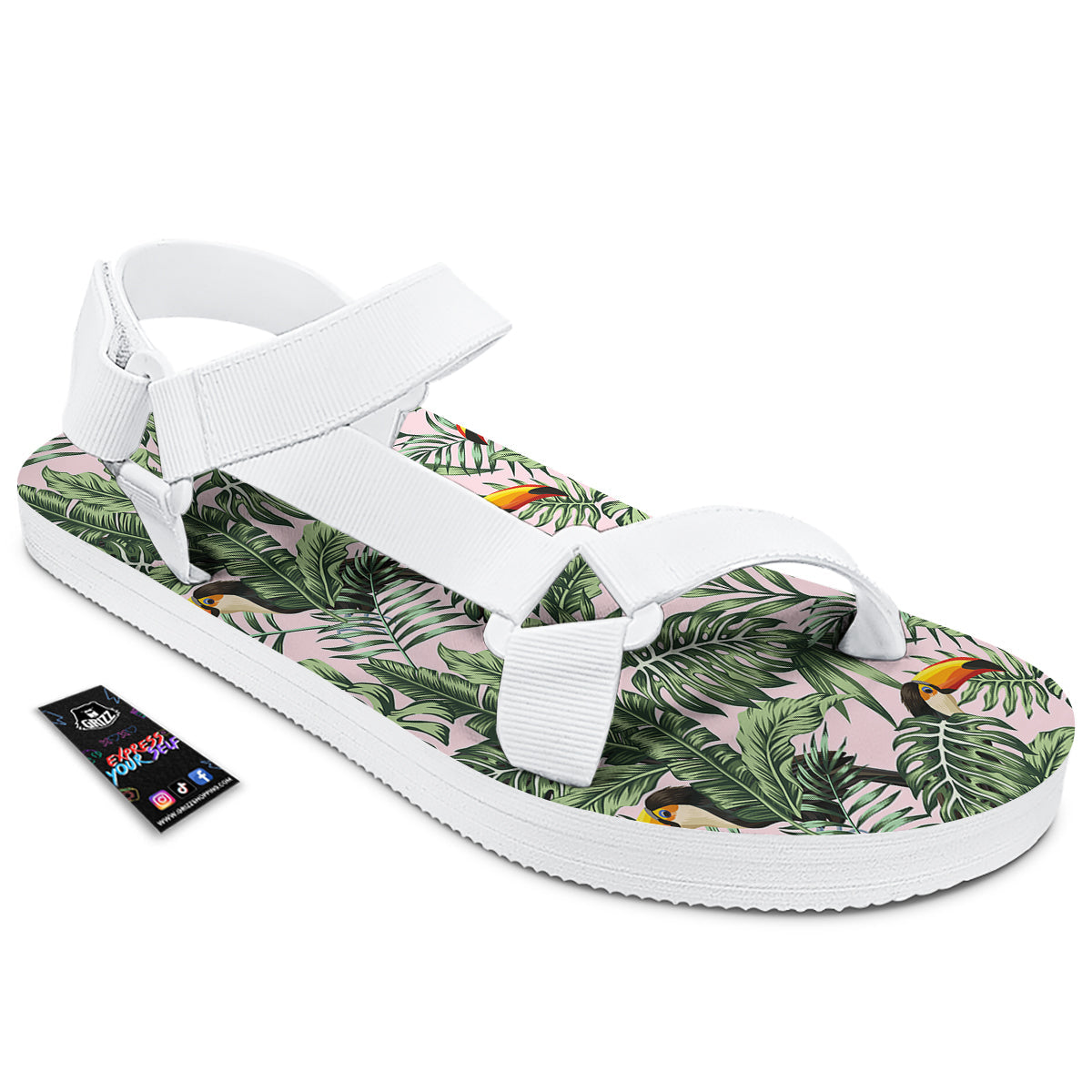 Toucan And Tropical Palm Leaf Print White Open Toe Sandals-grizzshop