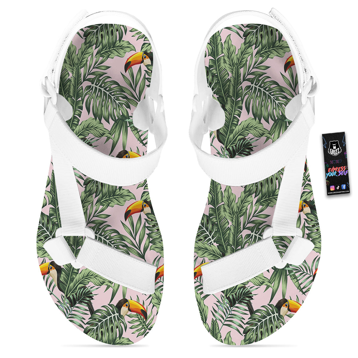 Toucan And Tropical Palm Leaf Print White Open Toe Sandals-grizzshop