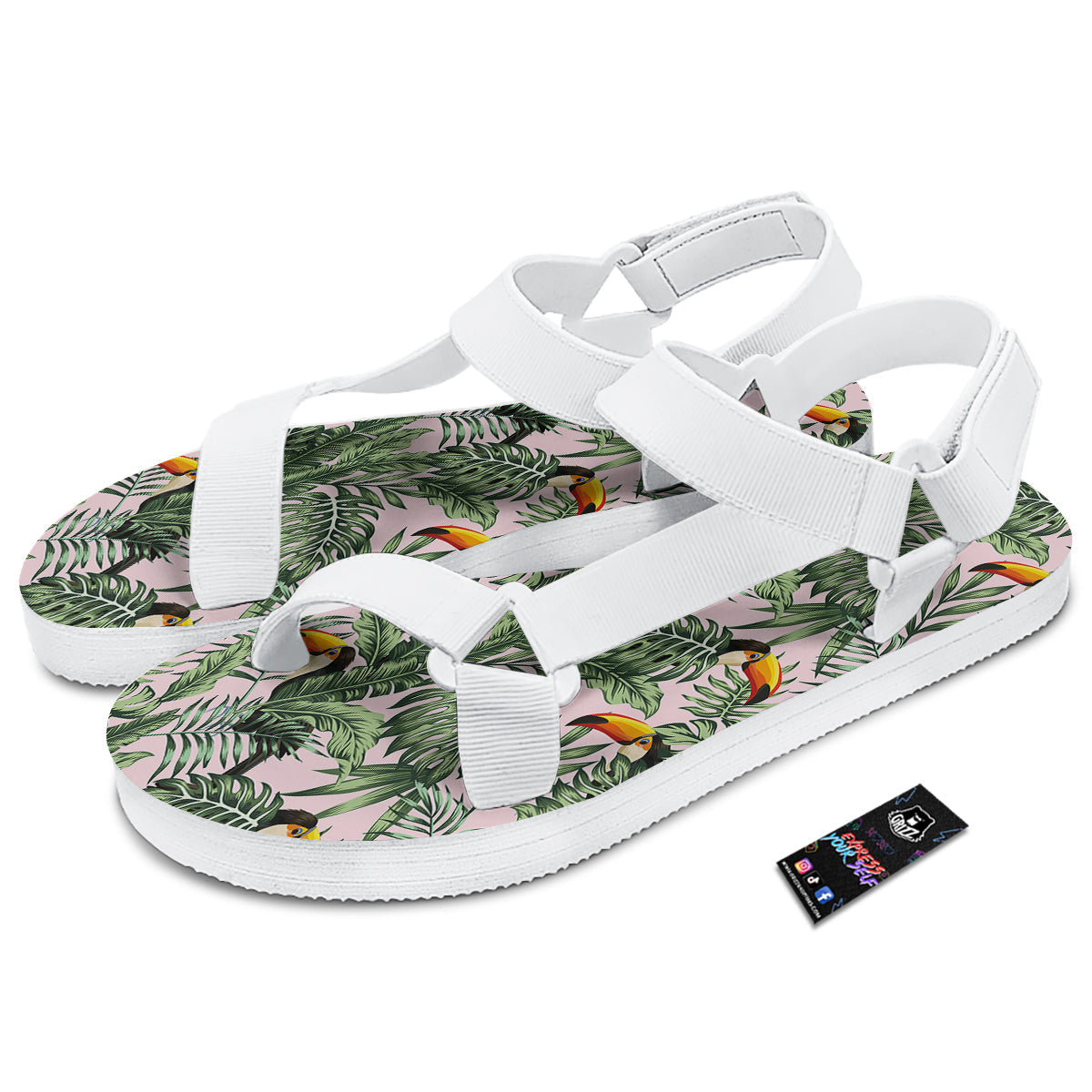Toucan And Tropical Palm Leaf Print White Open Toe Sandals-grizzshop